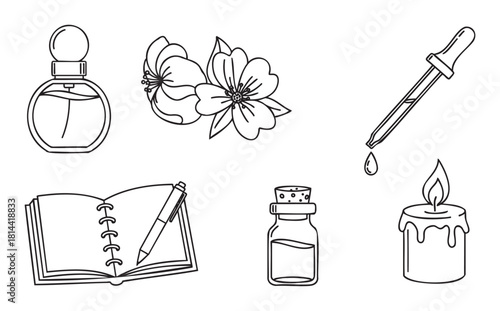Minimalist black and white line art collection of self-care icons featuring a perfume bottle, flowers, essential oil dropper, journal, vial, and a lit candle for wellness concepts