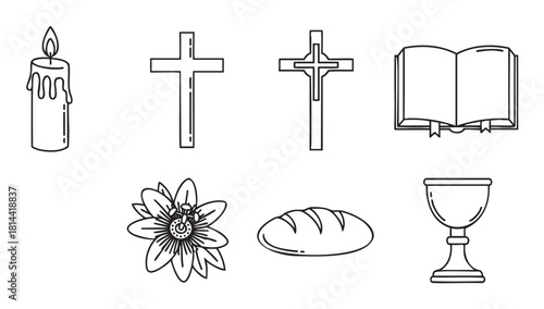 Religious vector icon set for Christianity, featuring symbols of faith like the holy cross, bible, eucharist bread and wine, passion flower, and a prayer candle in outline style