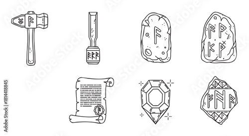 Collection of fantasy-themed line art icons featuring a runic hammer, chisel, ancient stones, a magic scroll, and a sparkling gemstone