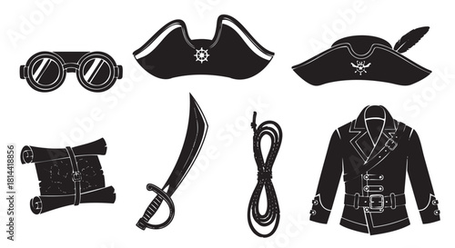 Set of pirate equipment and clothing icons in a black and white vector style, featuring a tricorn hat, cutlass, treasure map, and captain's jacket for a fantasy adventure concept