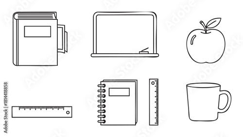 Collection of black and white line art icons representing school supplies and education, including a book, blackboard, apple, rulers, notebook, and mug