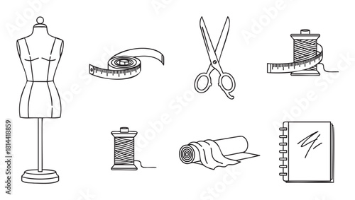 Comprehensive set of sewing and dressmaking tools, featuring a mannequin, scissors, thread, and fabric, depicted in a clean, minimalist black line art illustration style