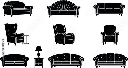 Set of Classic and Modern Living Room Furniture Silhouettes, Including Couches, Sofas, Armchairs, and Recliners, Home Interior Elements Vector.