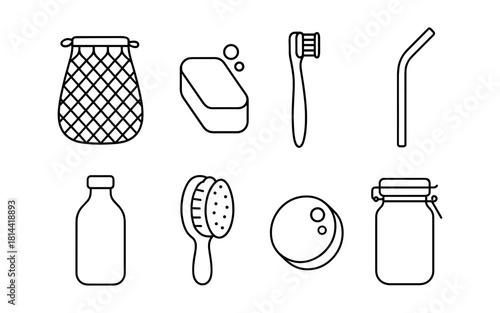 Minimalist zero waste icons of eco-friendly bathroom essentials in black and white