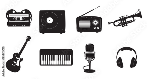 Collection of black silhouette icons representing music, audio equipment, and instruments, including a guitar, keyboard, and microphone