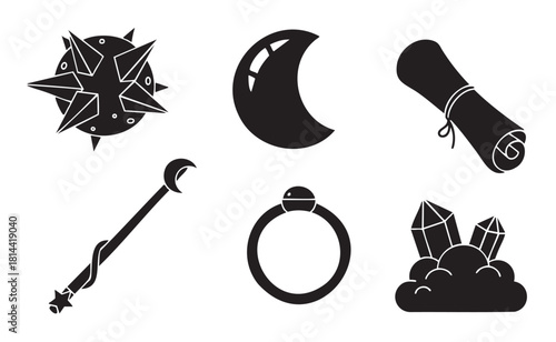 Minimalist black vector icon set of fantasy and magic items, including a spiked mace, crescent moon, wizard's scroll, magic wand, gemstone ring, and crystals