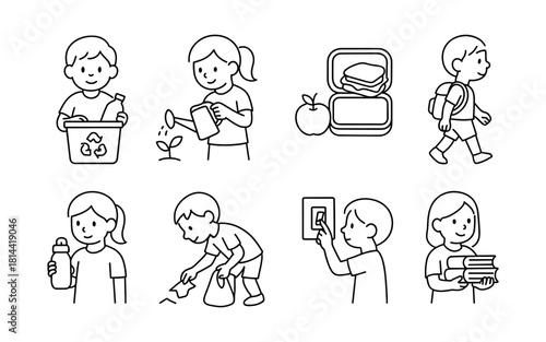 Children engaged in eco-friendly activities and daily school routines in simple line art