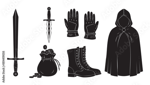 Collection of black silhouette icons for a fantasy adventurer's kit, featuring a sword, dagger, hooded cloak, gloves, boots, and a money bag