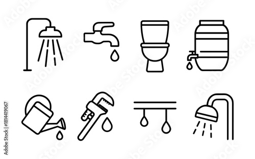 Minimalist black and white plumbing and water conservation icons