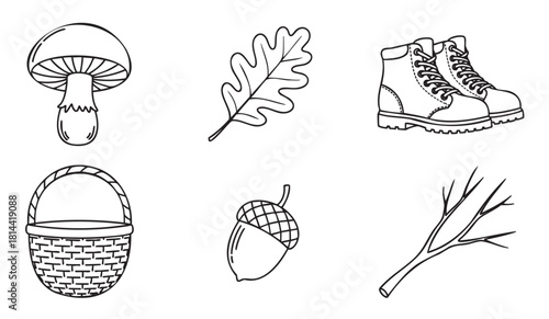 Set of hand-drawn black and white icons featuring autumn and forest themes, including a mushroom, oak leaf, hiking boots, basket, acorn, and a bare branch