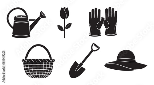 Minimalist collection of gardening equipment silhouettes, including a spade, watering can, basket, gloves, tulip flower, and sun hat for horticulture or farming concepts