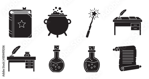 Collection of black silhouette icons representing magic and wizardry, including a spell book, bubbling cauldron, wand, potion bottle, and ancient scroll