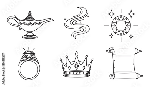 Set of black and white line art icons with a magic lamp, crown, diamond ring, gemstone, scroll, and smoke