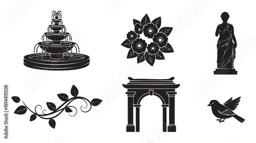Collection of black silhouette icons featuring classical garden and park elements like a fountain, statue, arch, flowers, vine, and bird