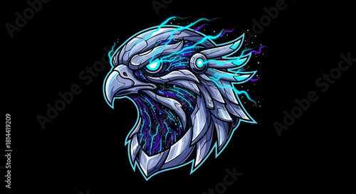 A stylized digital illustration of a fierce eagle head mascot with glowing blue eyes and vibrant purple accents on a black background.