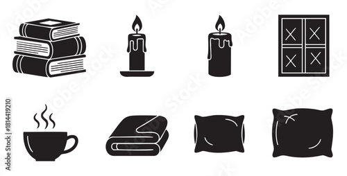 Minimalist black glyph icon set symbolizing a cozy and relaxing home atmosphere with books, burning candles, a steaming cup, a warm blanket, and soft pillows