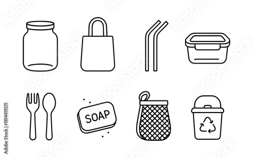 Zero waste outline icons: jars, reusable bags, straws, containers, cutlery, soap, recycling bin