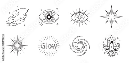 Collection of hand-drawn esoteric symbols in a minimalist black and white style, including magical eyes, cosmic stars, glowing crystals, and a spiral galaxy for spiritual design