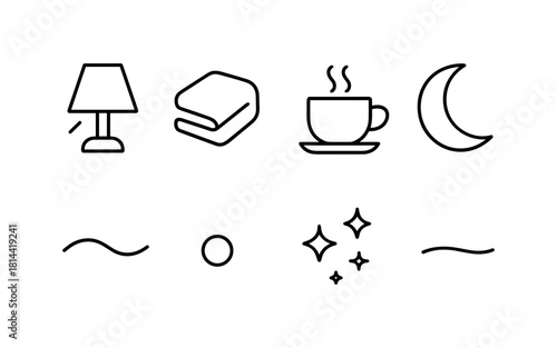 Minimalist nighttime icons with lamp, book, coffee, and moon in linear style