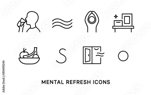 Mindfulness icons: wellness, relaxation, and fresh spaces in linear design