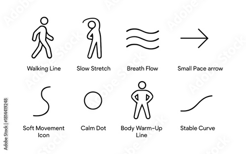 Minimalist line icons illustrating human movement and relaxation concepts