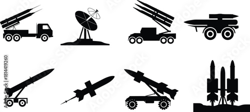 PrintGround-to-Air Missile Silhouettes Vector, Mobile Rocket Launchers, Radar System, and Defense Weapon Icons for Military Combat Graphics