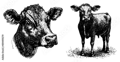 Cow head portrait and standing calf vector sketch in vintage engraving style for farm or dairy design