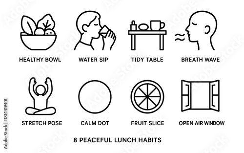 Simple icons depicting relaxing lunch habits for a calm day