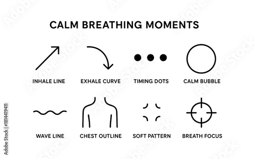Mindful breathing icons: calm, relaxation, and focus symbols in minimalist design