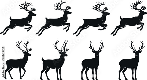 Set of Reindeer and Deer Silhouettes Vector Icons, Illustrating Standing and Leaping Poses with Large Antlers, Christmas and Wildlife Design Elements.