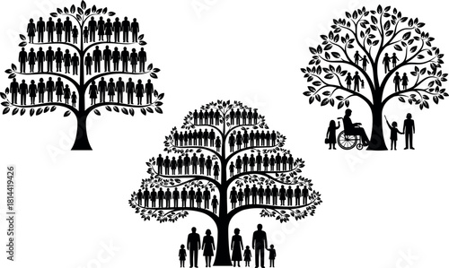 Set of Large Family Tree Silhouettes Representing Genealogy, Ancestry, and Human Generations, Vector Graphics with Disabled Person Inclusion Symbol.
