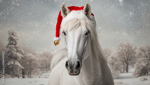 White Horse Wearing Red Christmas Hat in Snowy Winter Scene