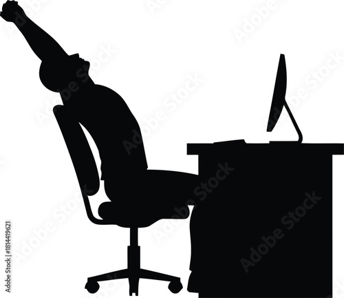 Silhouette of a person stretching arms up while sitting back in an office chair at a desk with a computer monitor isolated on white background