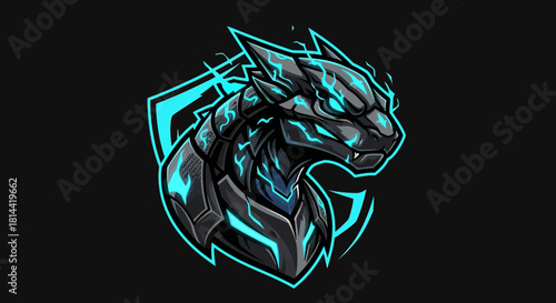 Glowing blue neon outline of a stylized dragon head mascot on a dark background with futuristic metallic details.