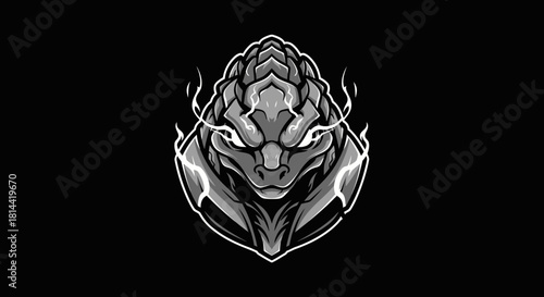 A grayscale digital illustration of a dragon head mascot with a menacing expression, set against a solid black background with white outlines.