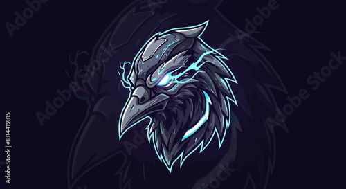 Digital illustration of a menacing raven head mascot with glowing blue eyes and neon outline on a dark background.