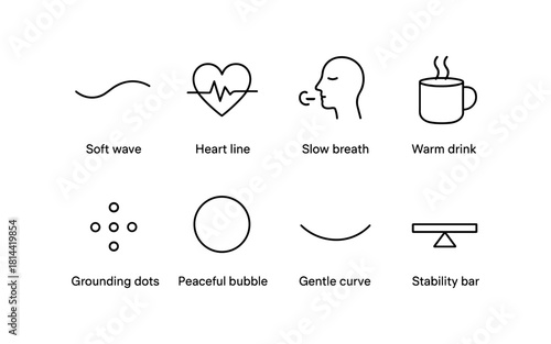 Minimalist wellness icons set featuring heart line, soft wave, and warm drink