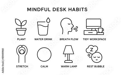 Mindful desk habits: simple icons for wellness and productivity at work
