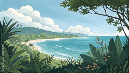 Landscape with lush coastal plants in cartoon