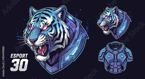 A digital illustration of a stylized tiger head mascot with glowing blue lines and purple accents, showcasing three different views on a dark background with neon effect.