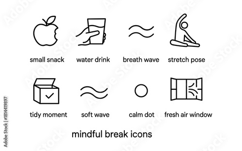 Mindful break icons: water, yoga, and relaxation elements for wellness