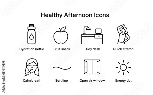 Essential wellness icons for a productive afternoon routine