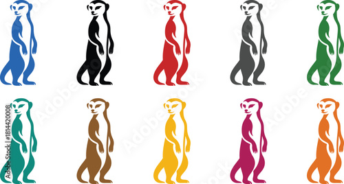 Standing meerkat silhouettes in bright colors, Multicolor meerkat animal icon collection