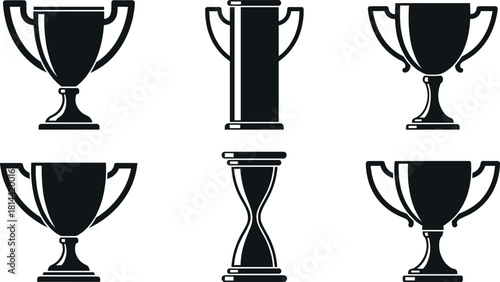 Trophy Cups and Hourglass Silhouettes Vector Set, Symbolizing Award, Victory, Success, Competition, and Time Measurement, Black Icon Collection.