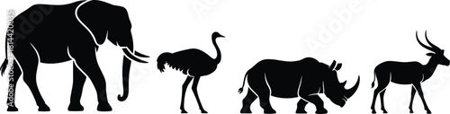PrintHigh Contrast African Animals Silhouette Vector Art, Elephant, Ostrich, Rhino, Impala Black Outline Set for Logos and Graphics