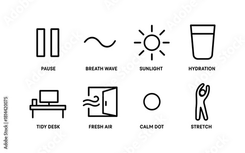 Simple linear icons for wellness: pause, breath, sunlight, hydration, and more