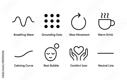 Minimalist line icons set featuring waves, dots, and relaxation symbols for modern design