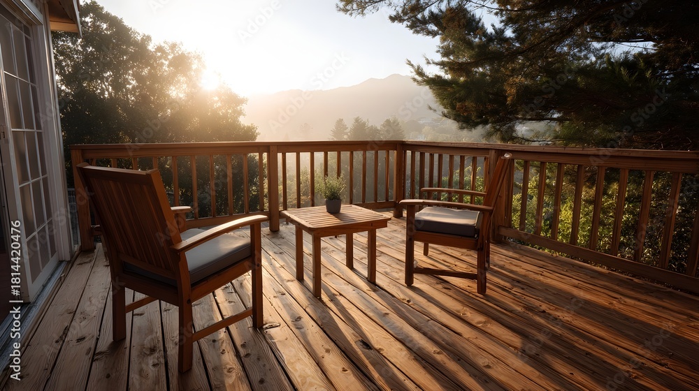 Fototapeta premium Serene outdoor wooden deck at sunset with chairs and table overlooking a misty mountain landscape
