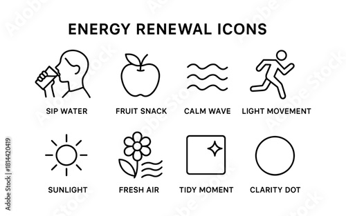 Energy renewal icons: simple line style with wellness and nature concepts