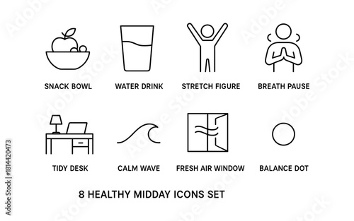 Minimalist healthy midday routine icons set for wellness and relaxation